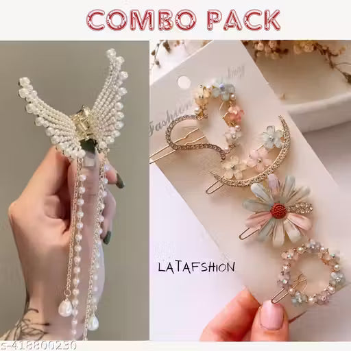 Fashionable Pearl Wing Claw & Flower Hair Pins Set