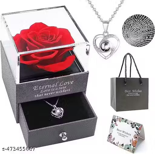 Eternal Handmade Rose with Love You Necklace Rose Gift Box