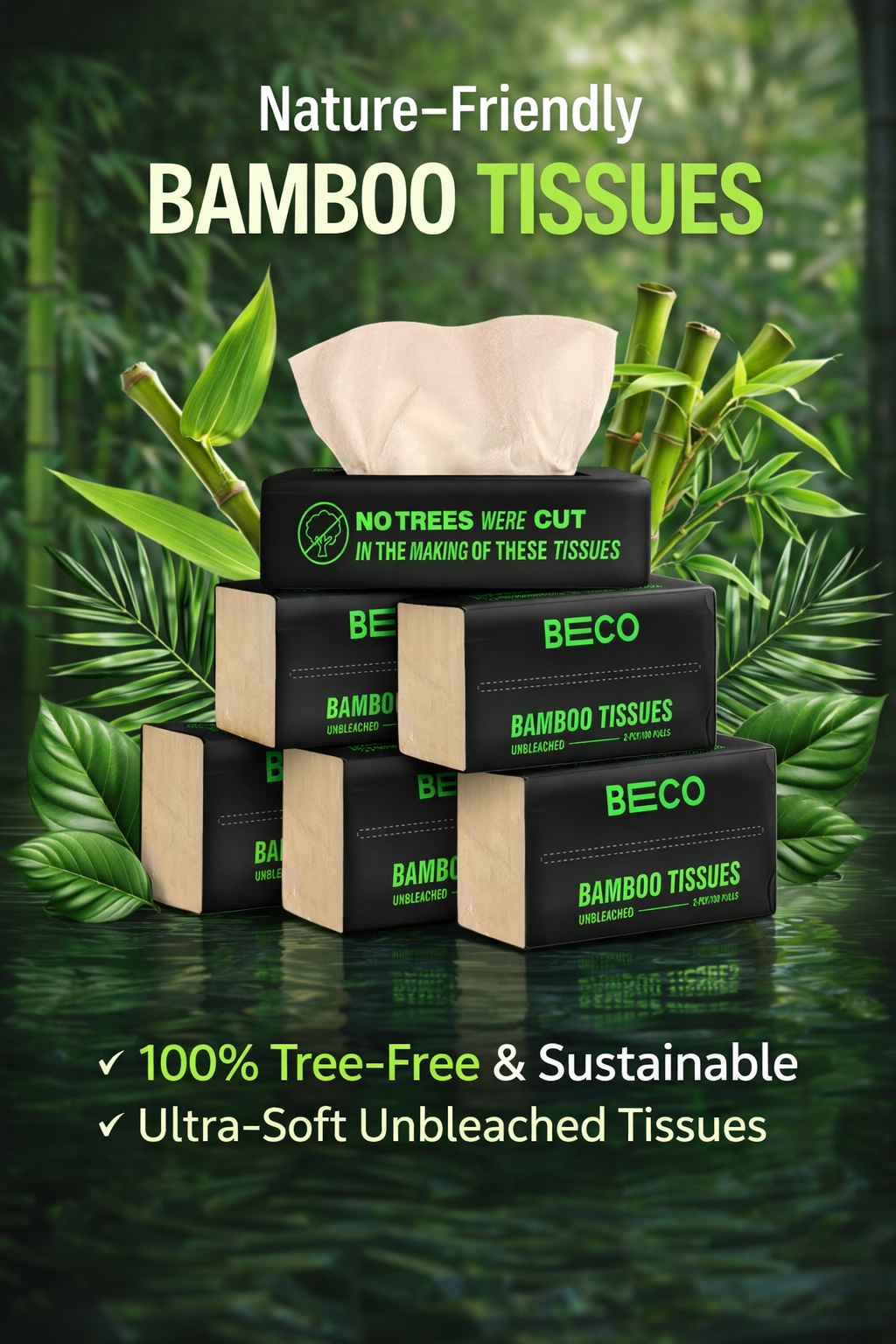 Beco Bamboo Facial Tissue Paper Box-Soft Pack | 100 pulls x 6 packs | Super Soft, Skin Friendly & Highly Absorbent Face Tissue Napkins | Car Tissues | 100% Natural & Ecofriendly | 2 ply-600 Pulls