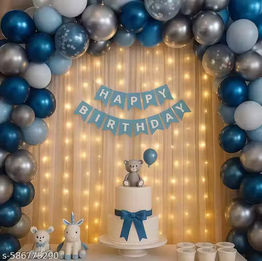 Blue Silver Balloon Arch Birthday Decoration Combo with LED Curtain Lights, Happy Birthday Banner & Cake Table Setup