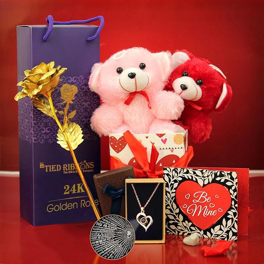 TIED RIBBONS Valentine Gift for Girlfriend Wife Girls Women - Romantic Teddy Bear Card Pendant and Artificial Golden Rose Flower with Box Hamper, Silk