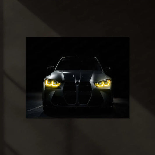 BMW M Series – The Golden Eyes Neon LED Metal Poster | Performance Machine Glow Edition | Luxury Automotive Wall Art