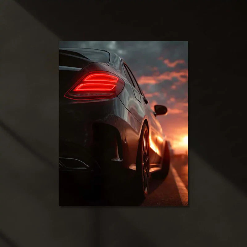 Mercedes Coupe – Sunset Drive Neon LED Metal Poster | Luxury Car Glow Art | Golden Hour Automotive Wall Frame