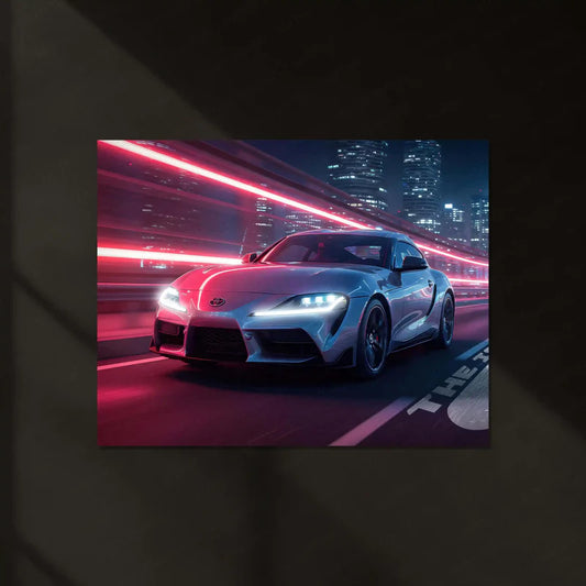 Toyota Supra Neon Nights – Futuristic Sports Car Neon LED Metal Poster | JDM Glow Wall Frame