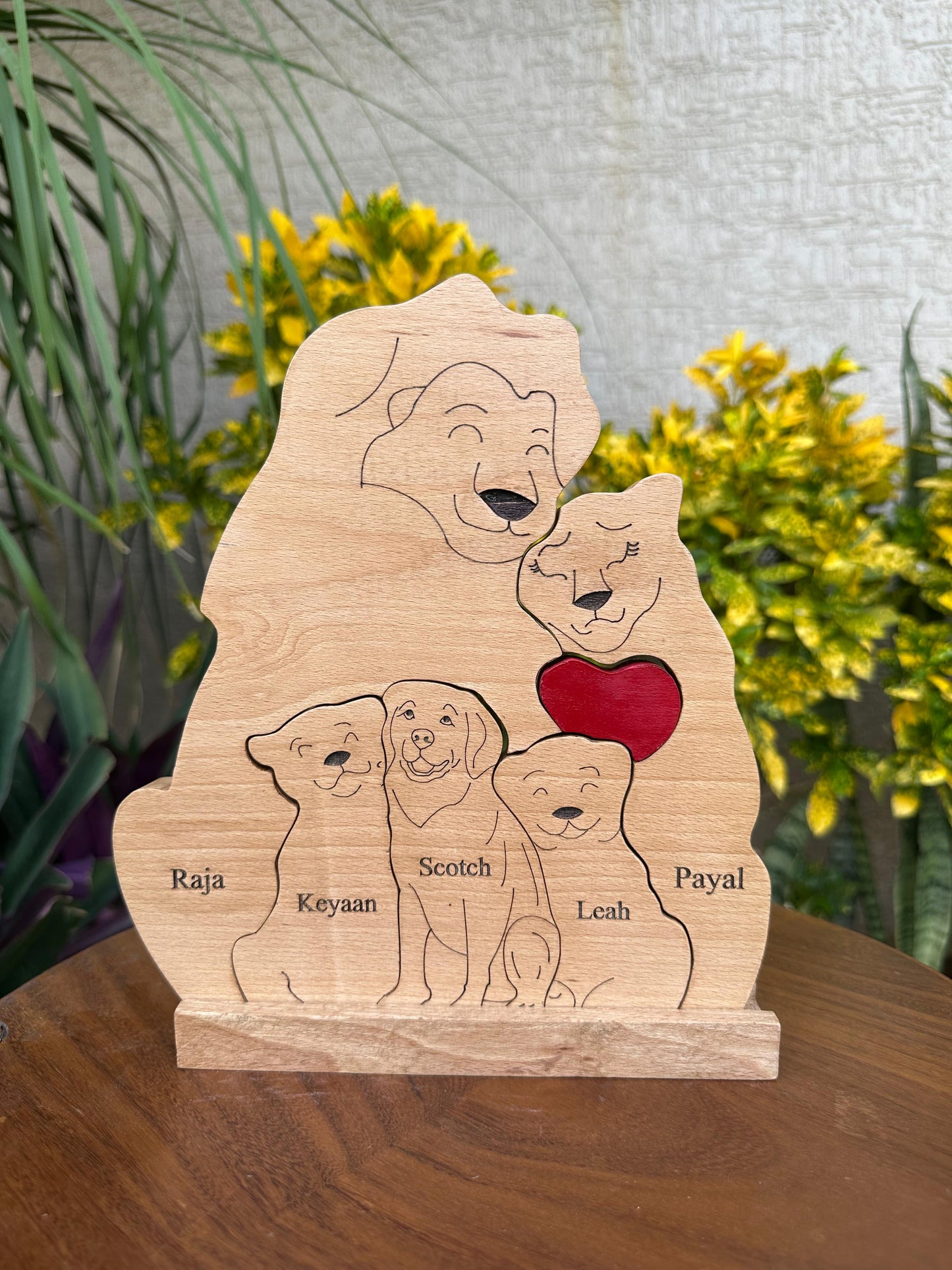 Wooden engraving lion family with dog