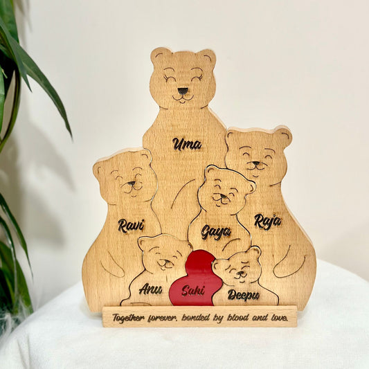 Wooden engraving bear family of 6