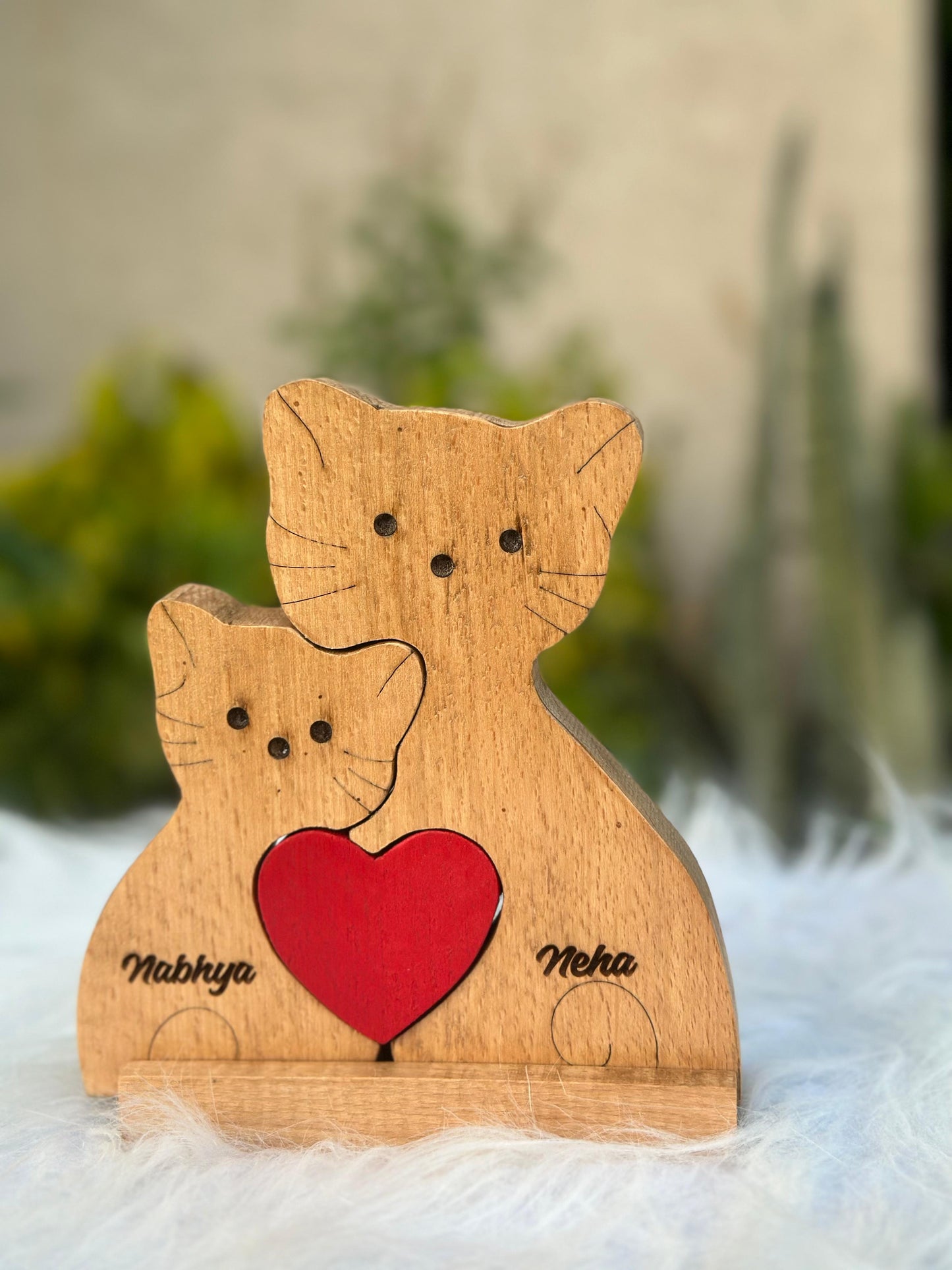 Wooden engraving cat family of 2