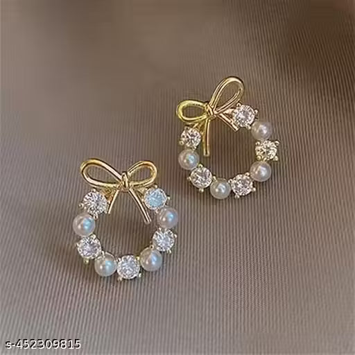 Round Crystal Wreath Bow Stud Earrings