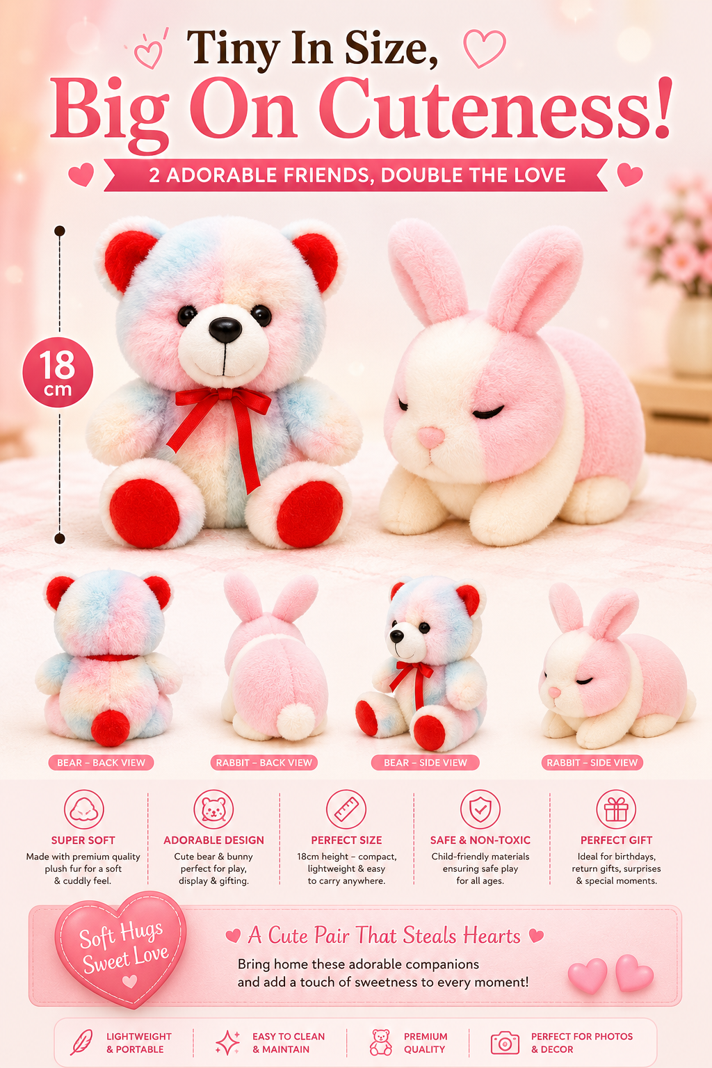 Cute Teddy & Bunny Plush Combo – 18cm