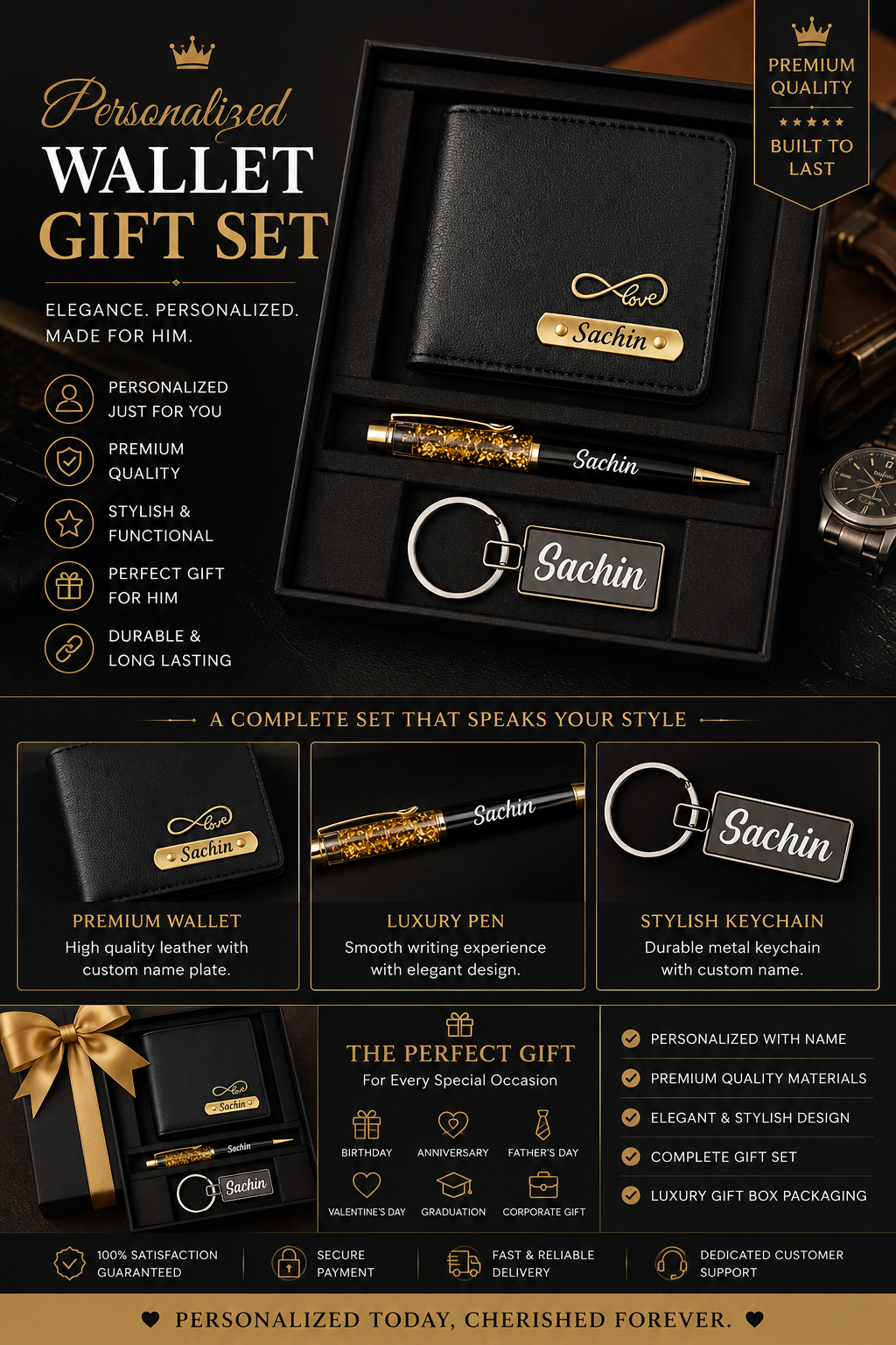 Personalized Premium Men's Gift Set (Wallet + Pen + Keychain)
