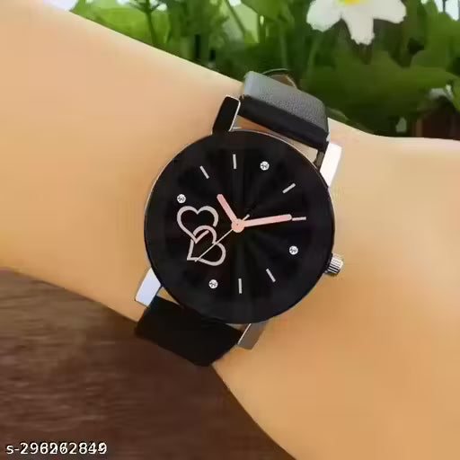 Two Love Heart Dial Black Leather Watch