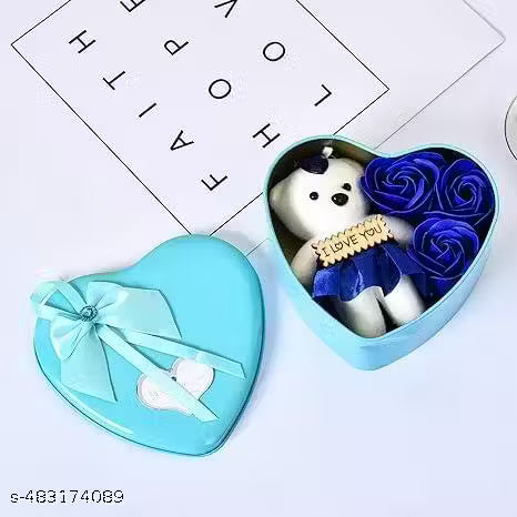 Heart Shaped Gift Box With 3 Blue Roses, Teddy Bear, And A Card