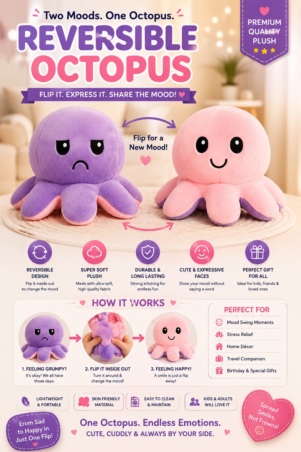 Reversible Mood Octopus Plush