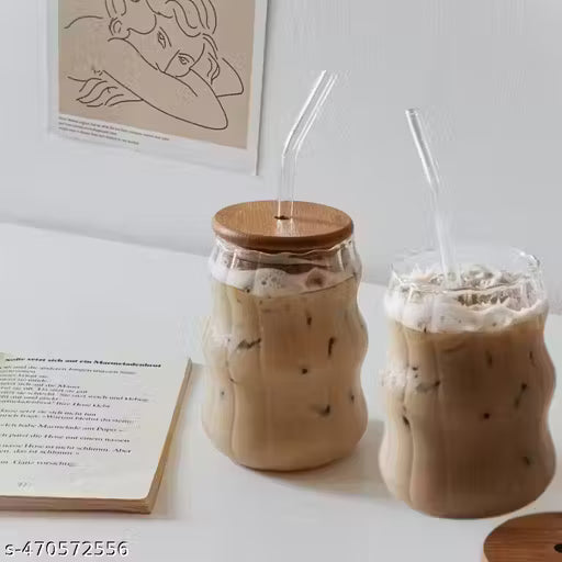 SUV wave shape coffee glass with wooden lid (pack of 2) 500 ml